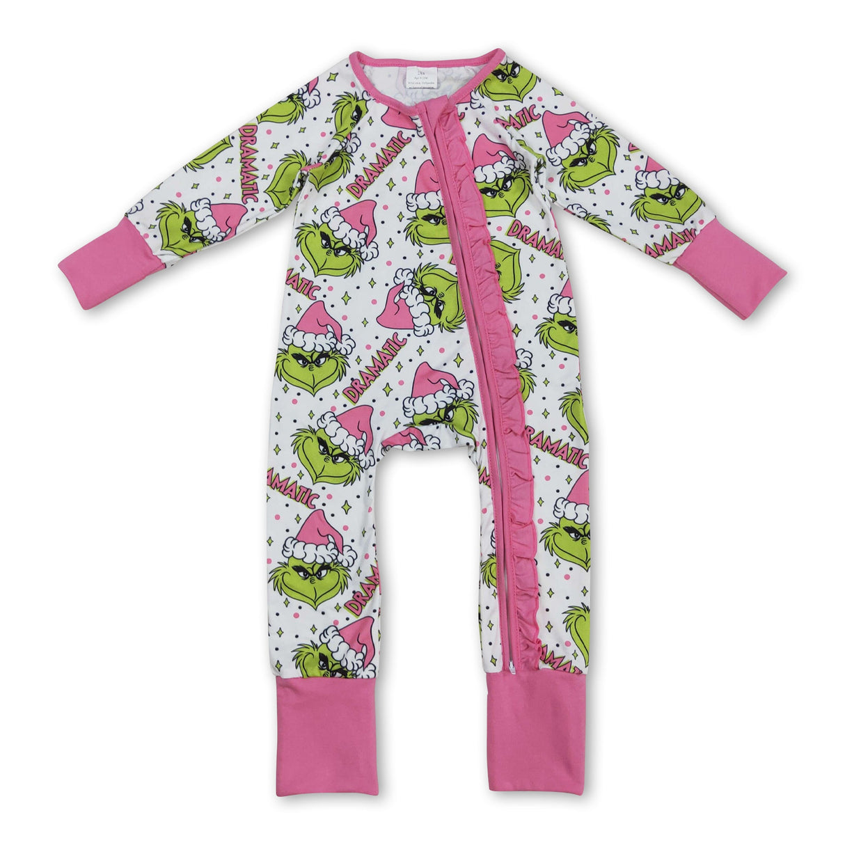 Pink Christmas hat green face baby girls zipper romper