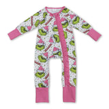 Pink Christmas hat green face baby girls zipper romper