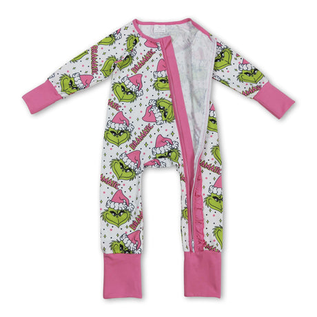 Pink Christmas hat green face baby girls zipper romper