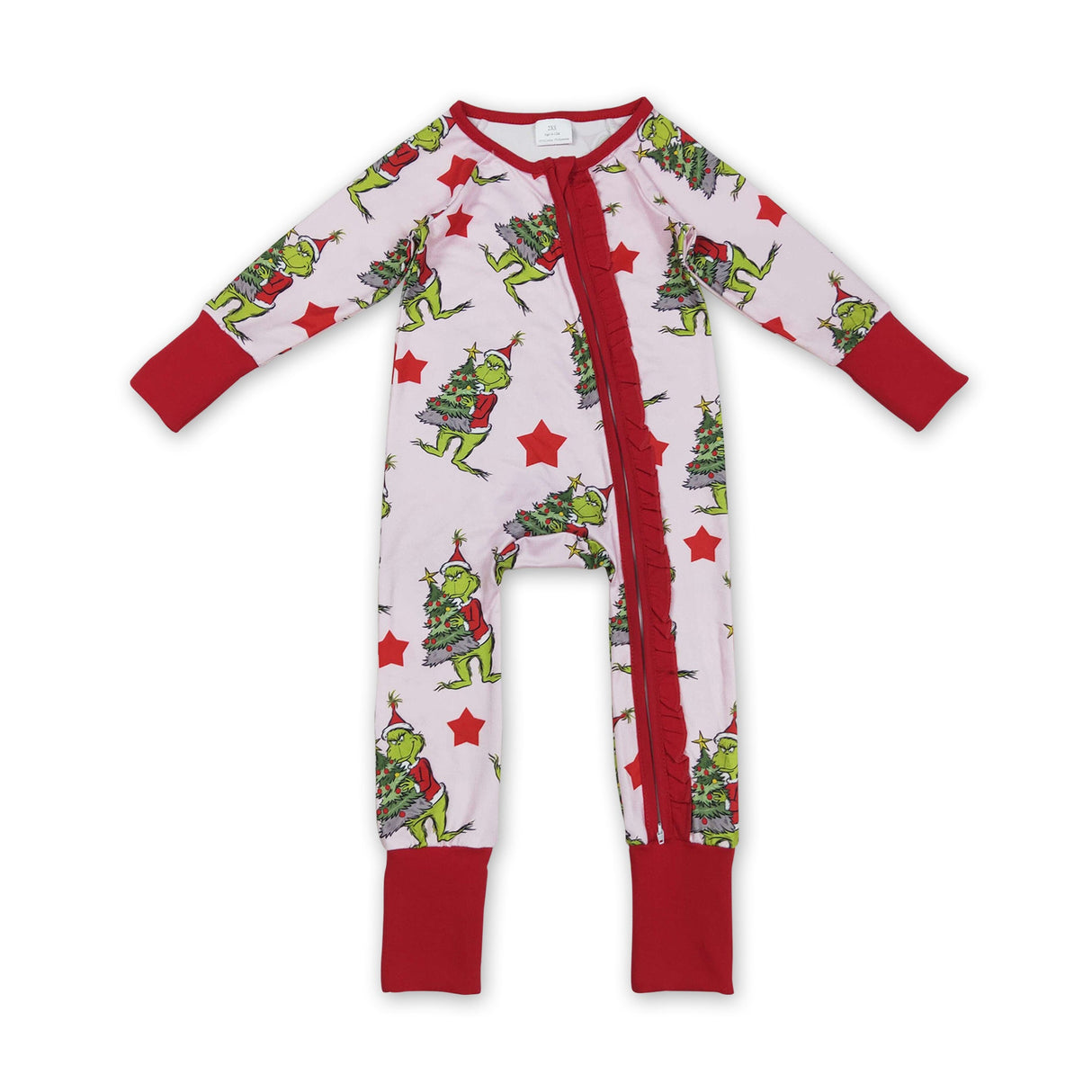 Red stars green face baby girls Christmas zipper romper