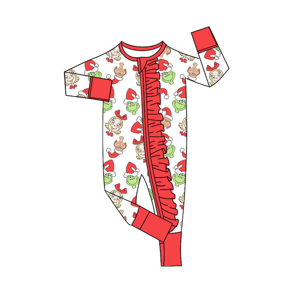 Red ruffle green face baby girls Christmas zipper romper