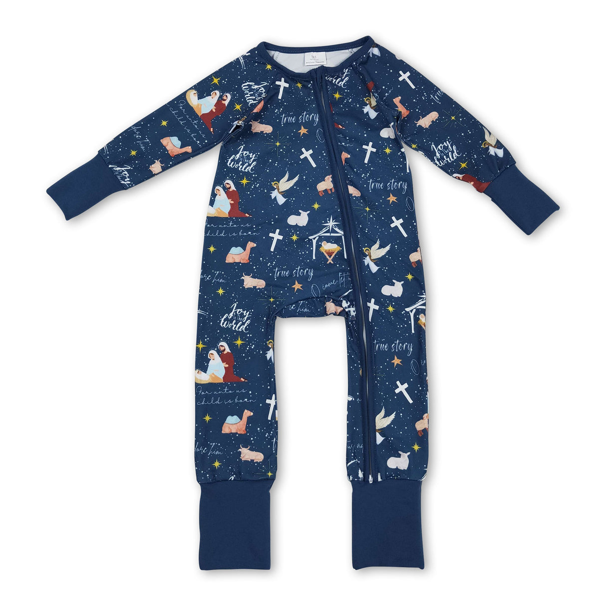 Blue long sleeves cross nativity baby Christmas zip romper