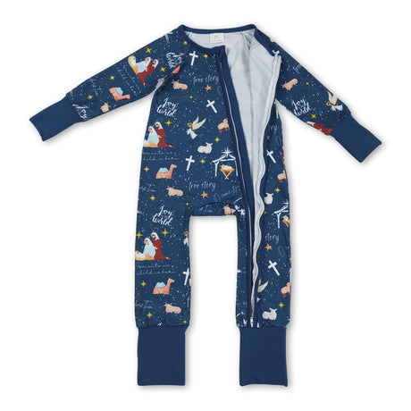 Blue long sleeves cross nativity baby Christmas zip romper