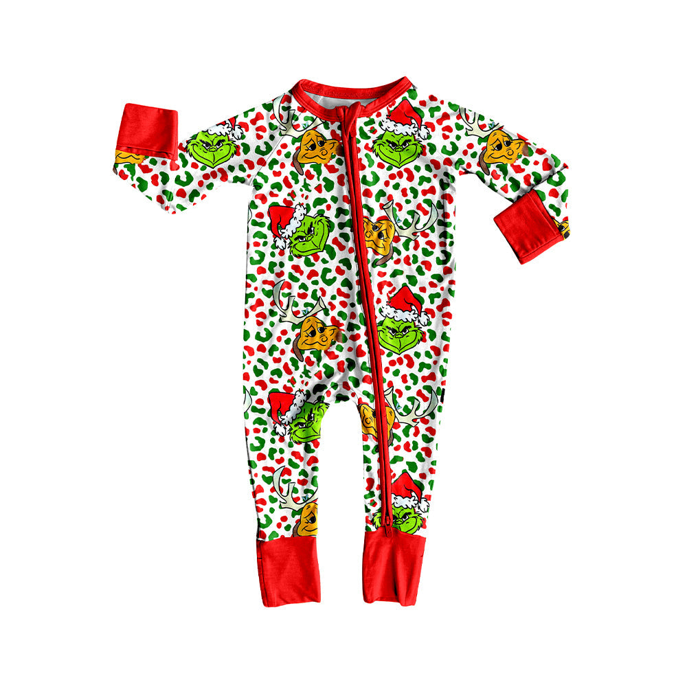 Leopard green face baby girls Christmas zipper romper
