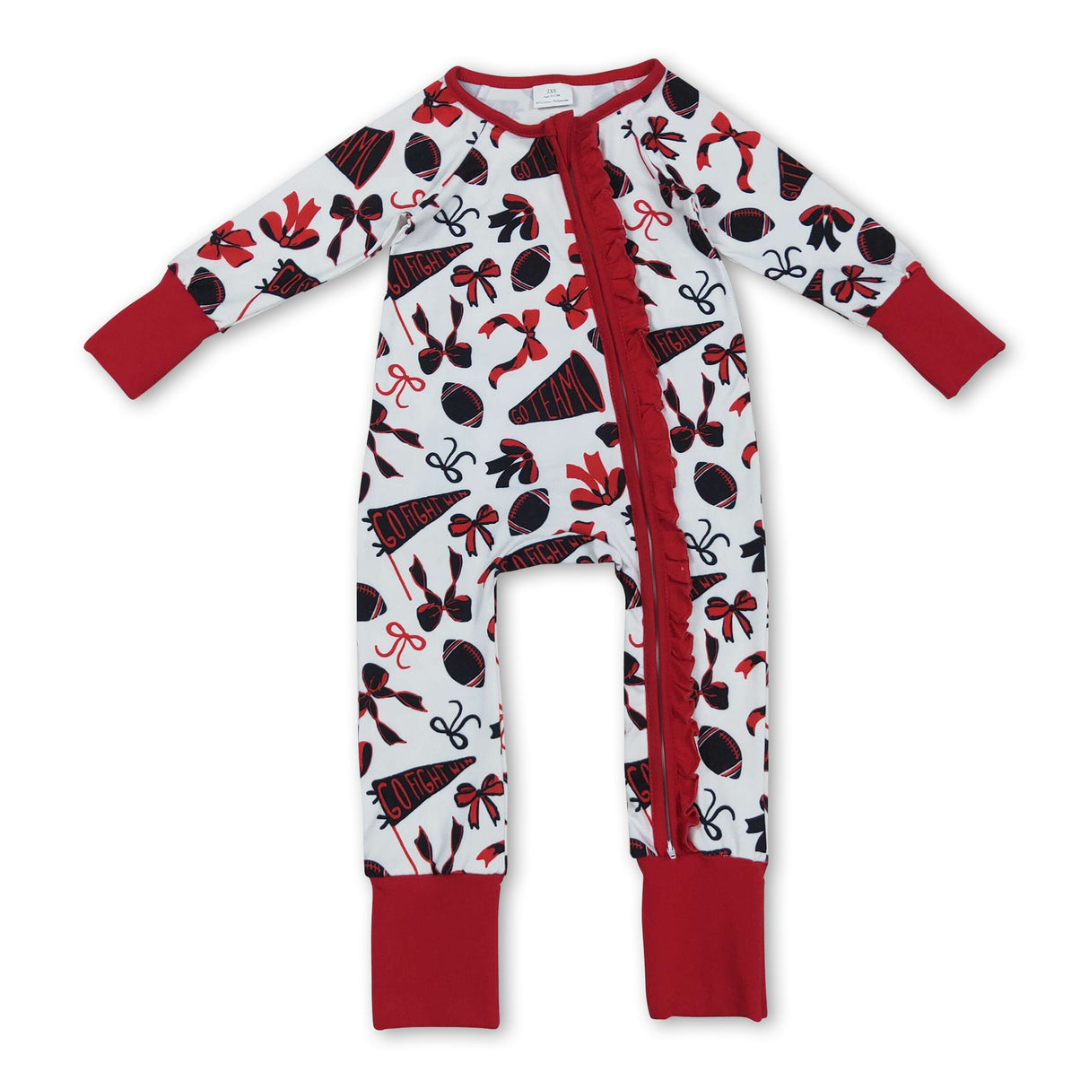 Long sleeves red ruffle bow football baby girls zipper romper