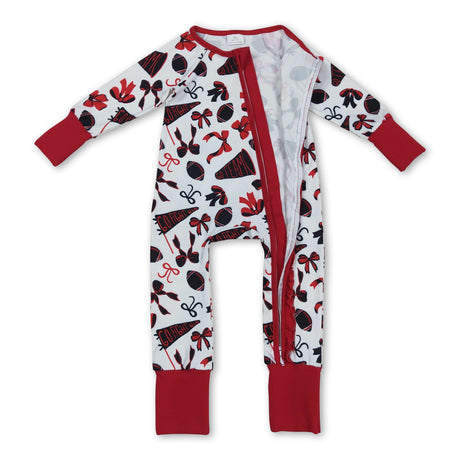 Long sleeves red ruffle bow football baby girls zipper romper
