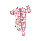 Long sleeves pink bow ruffle baby girls zipper romper
