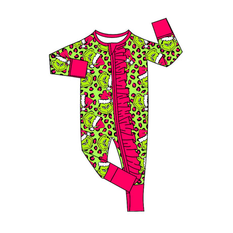 Leopard green face ruffle girls Christmas zipper romper