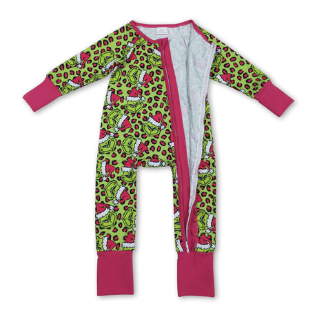 Leopard green face ruffle girls Christmas zipper romper