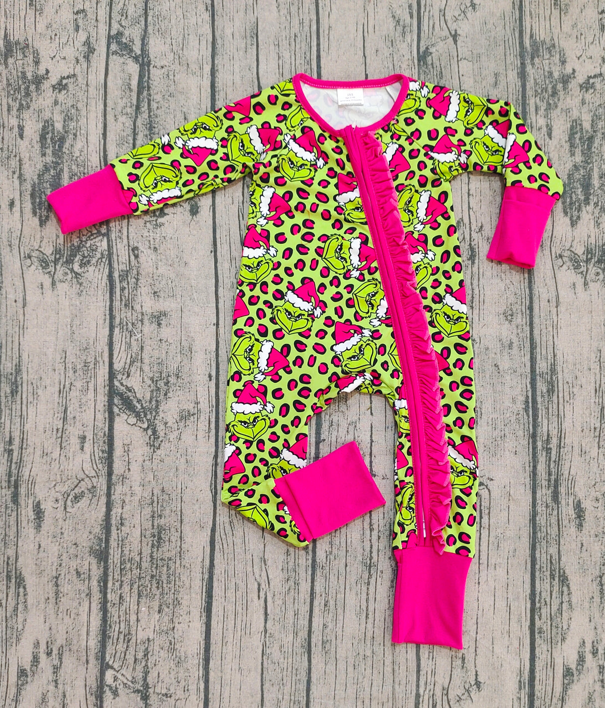 Leopard green face ruffle girls Christmas zipper romper