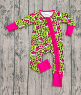 Leopard green face ruffle girls Christmas zipper romper