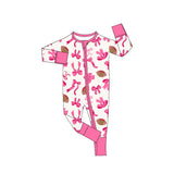 Long sleeves pink bow football baby girls zipper romper