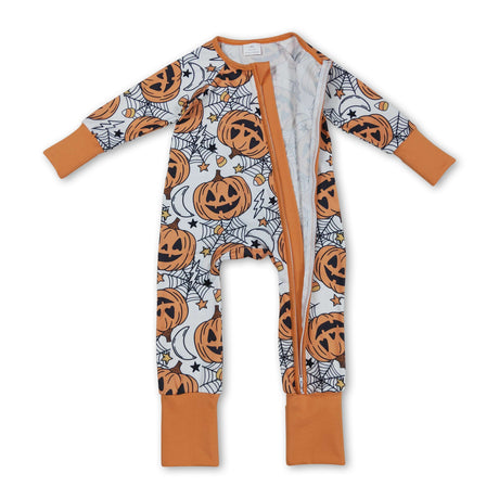 Long sleeves pumpkin spider baby Halloween zipper romper