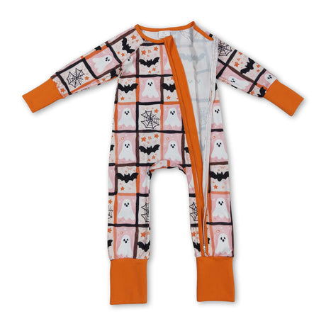 Long sleeves ghost bat plaid baby girls Halloween zipper romper