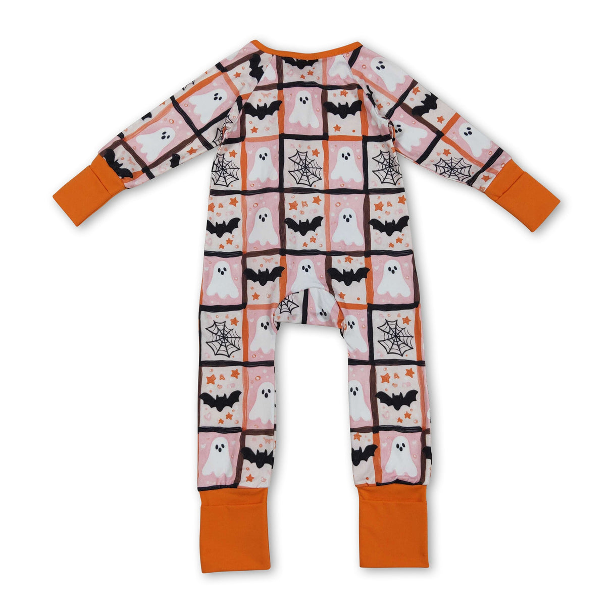 Long sleeves ghost bat plaid baby girls Halloween zipper romper