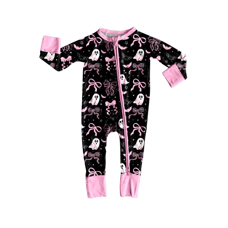 Long sleeves pink bow ghost girls Halloween zipper romper