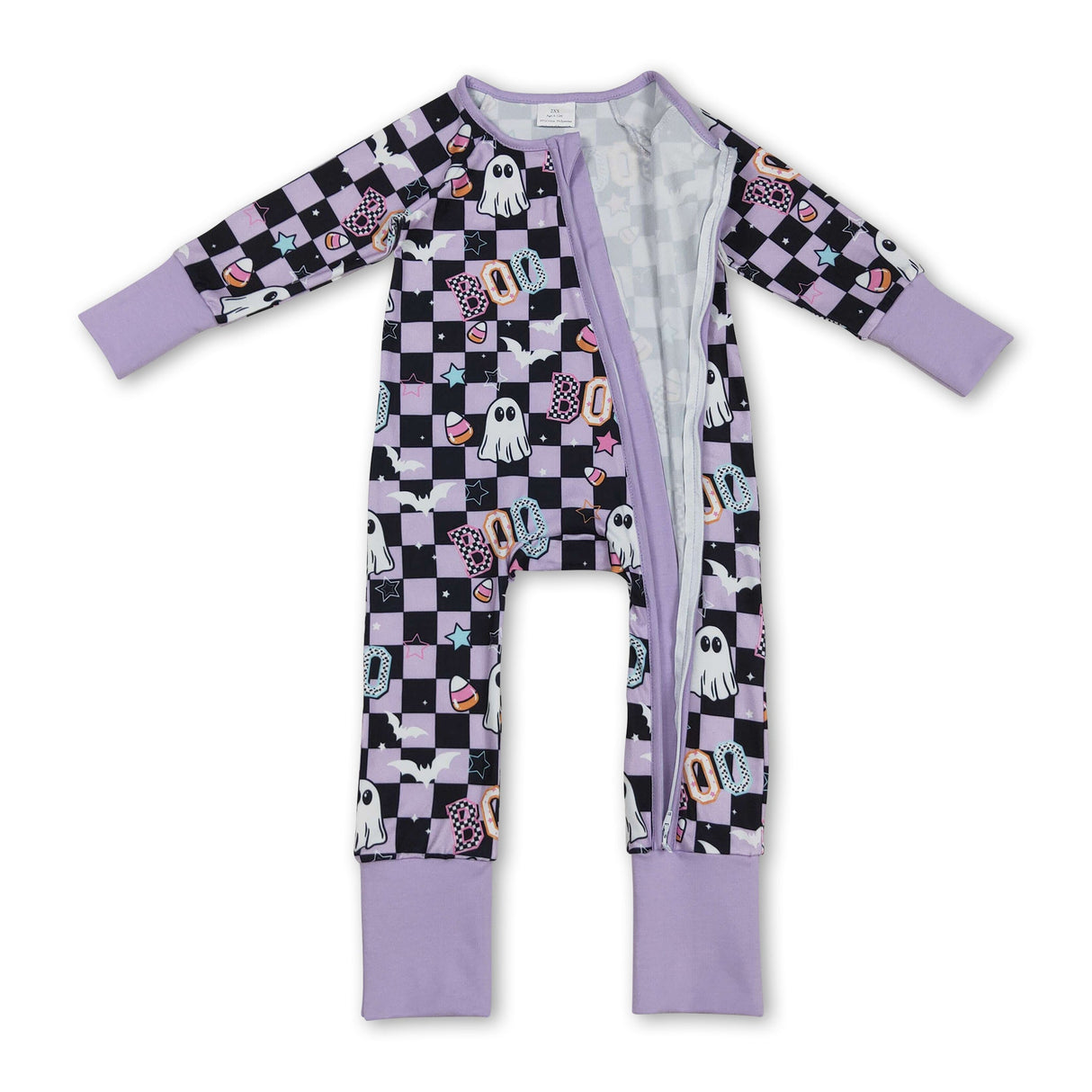 Lavender plaid boo  ghost girls Halloween zipper romper