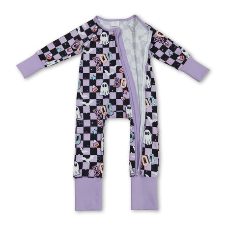 Lavender plaid boo  ghost girls Halloween zipper romper