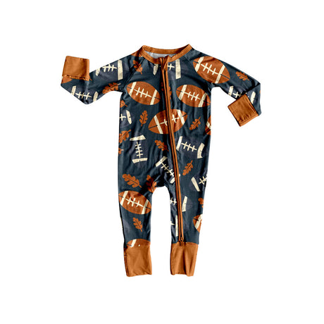 Long sleeves brown leaves football baby zipper romper
