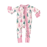 Long sleeves pink bow Christmas tree ruffle baby zipper romper