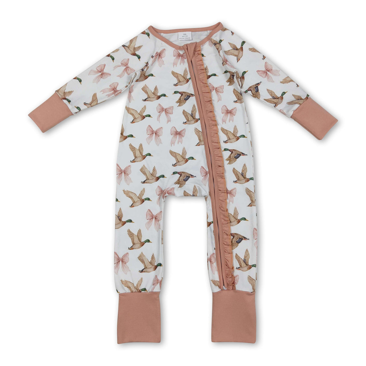 Long sleeves pink bow duck ruffle baby girls zipper romper