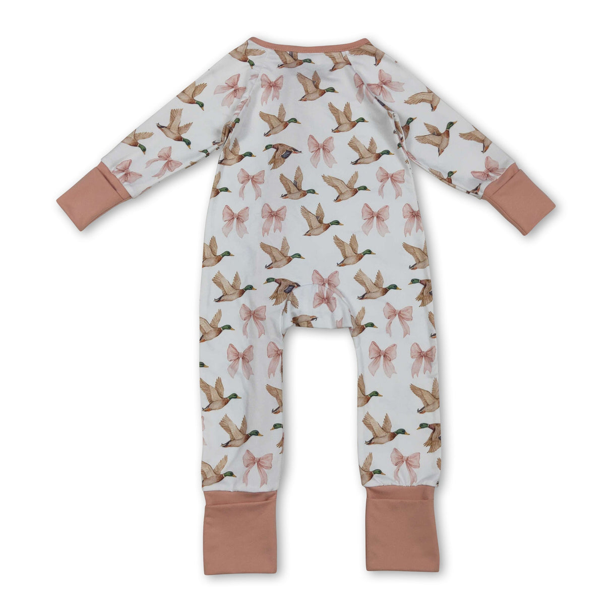 Long sleeves pink bow duck ruffle baby girls zipper romper
