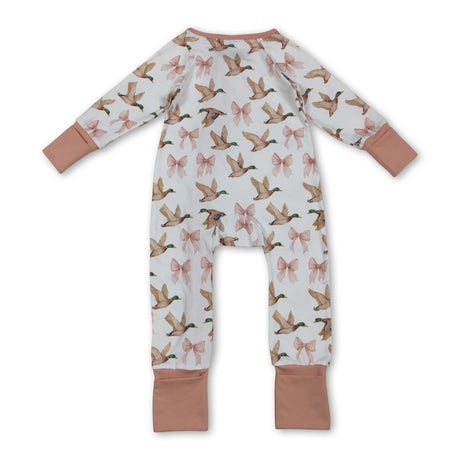 Long sleeves pink bow duck ruffle baby girls zipper romper