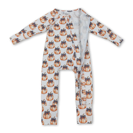 Black plaid bow pumpkin baby girls fall zipper romper