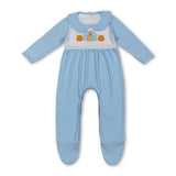 Light blue pumpkin turkey baby boy Thanksgiving footed romper