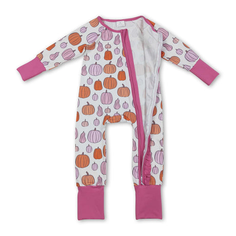 Long sleeves pumpkins pink ruffle baby girl fall zipper romper