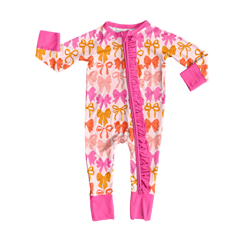 Long sleeves pink ruffle bows baby girls zipper romper