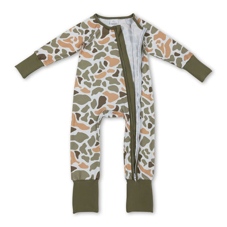 Long sleeves green orange camo baby boy zipper romper