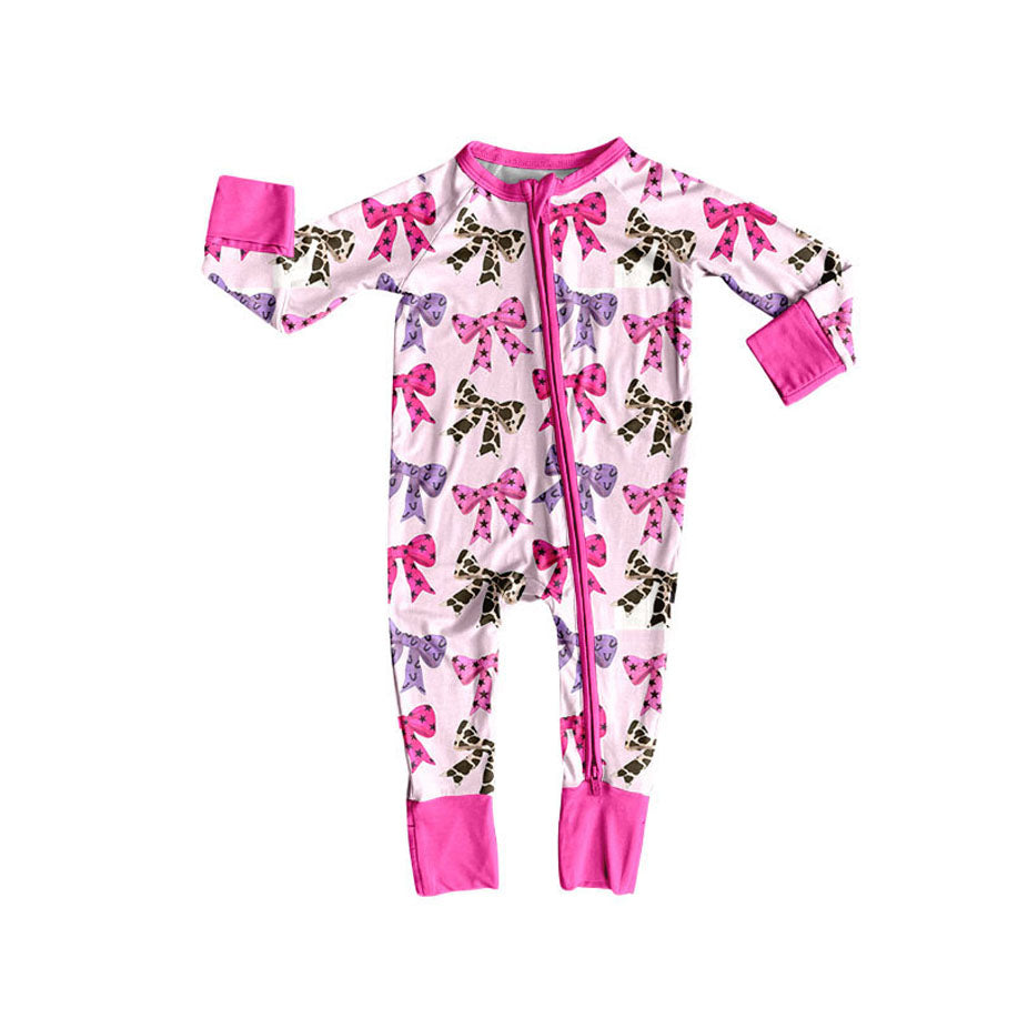 Pink long sleeves cow stars bows baby girls zipper romper