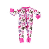 Pink long sleeves cow stars bows baby girls zipper romper