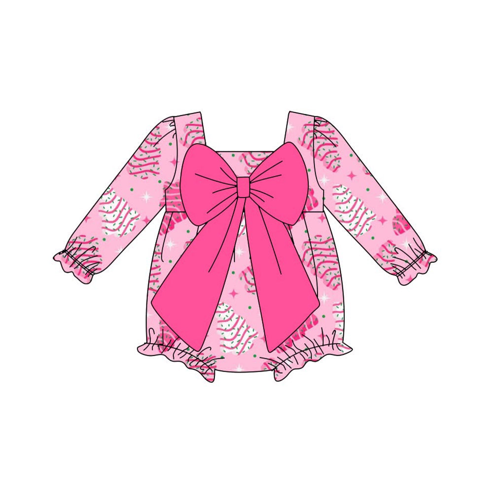 Pink bow long sleeves Christmas tree cake baby girl romper