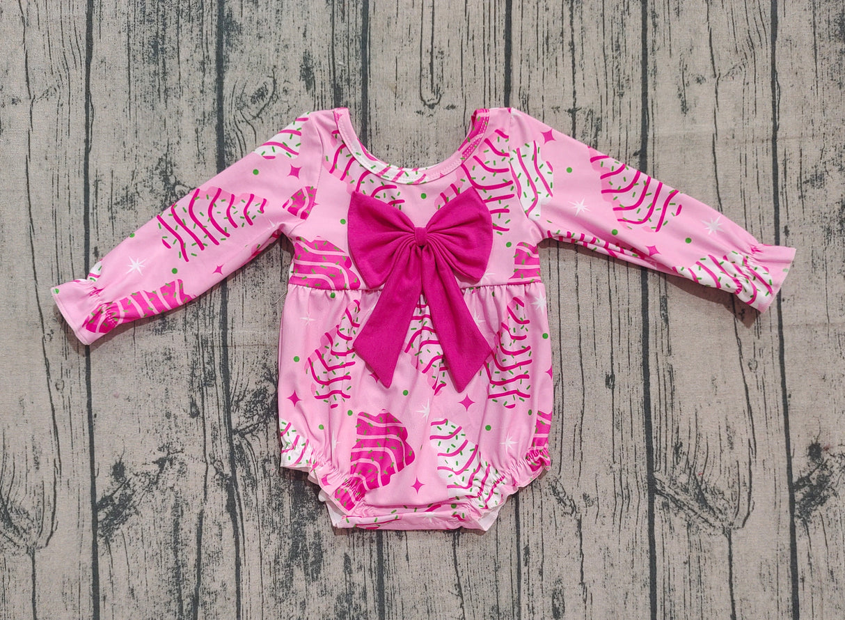 Pink bow long sleeves Christmas tree cake baby girl romper