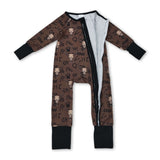 Long sleeves bull skull western baby boy zipper romper