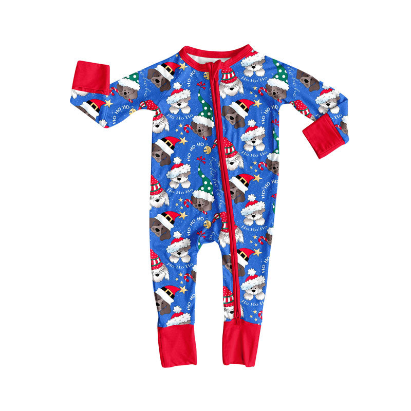 Blue dog Christmas hat baby boys zipper romper