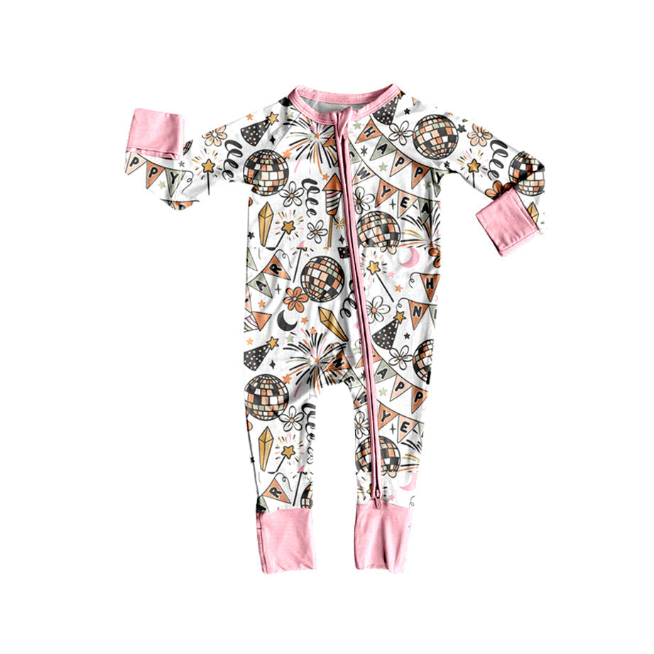 Long sleeves floral Happy New Year baby girls zipper romper