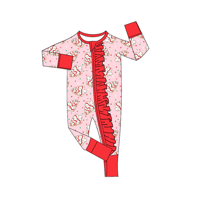 Pink Christmas tree cake stars ruffle girls zipper romper