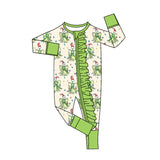 Green face bow ruffle baby girls Christmas zipper romper