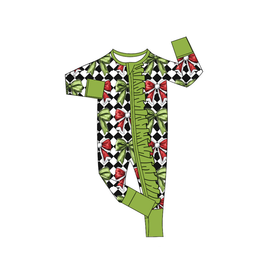 Red green bow ruffle baby girls Christmas zipper romper