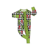 Red green bow ruffle baby girls Christmas zipper romper