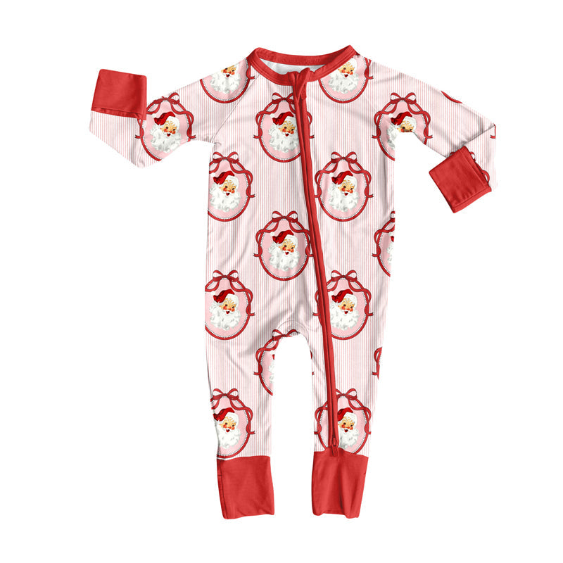 Long sleeves bow santa stripe baby Christmas zipper romper