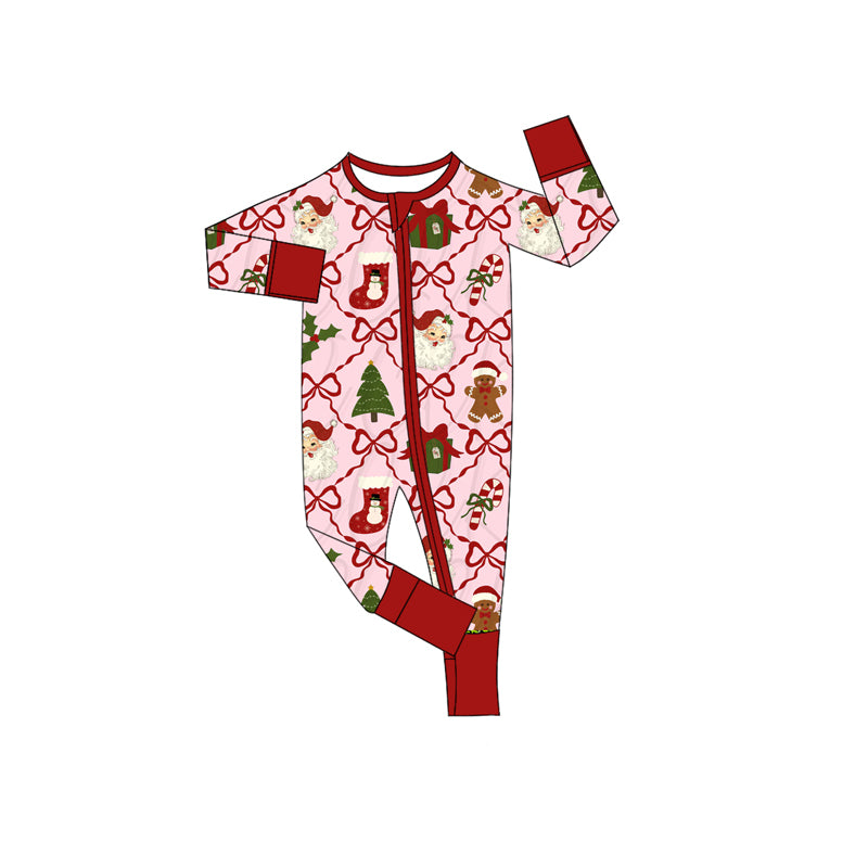 Red bow santa gingerbread baby Christmas zipper romper