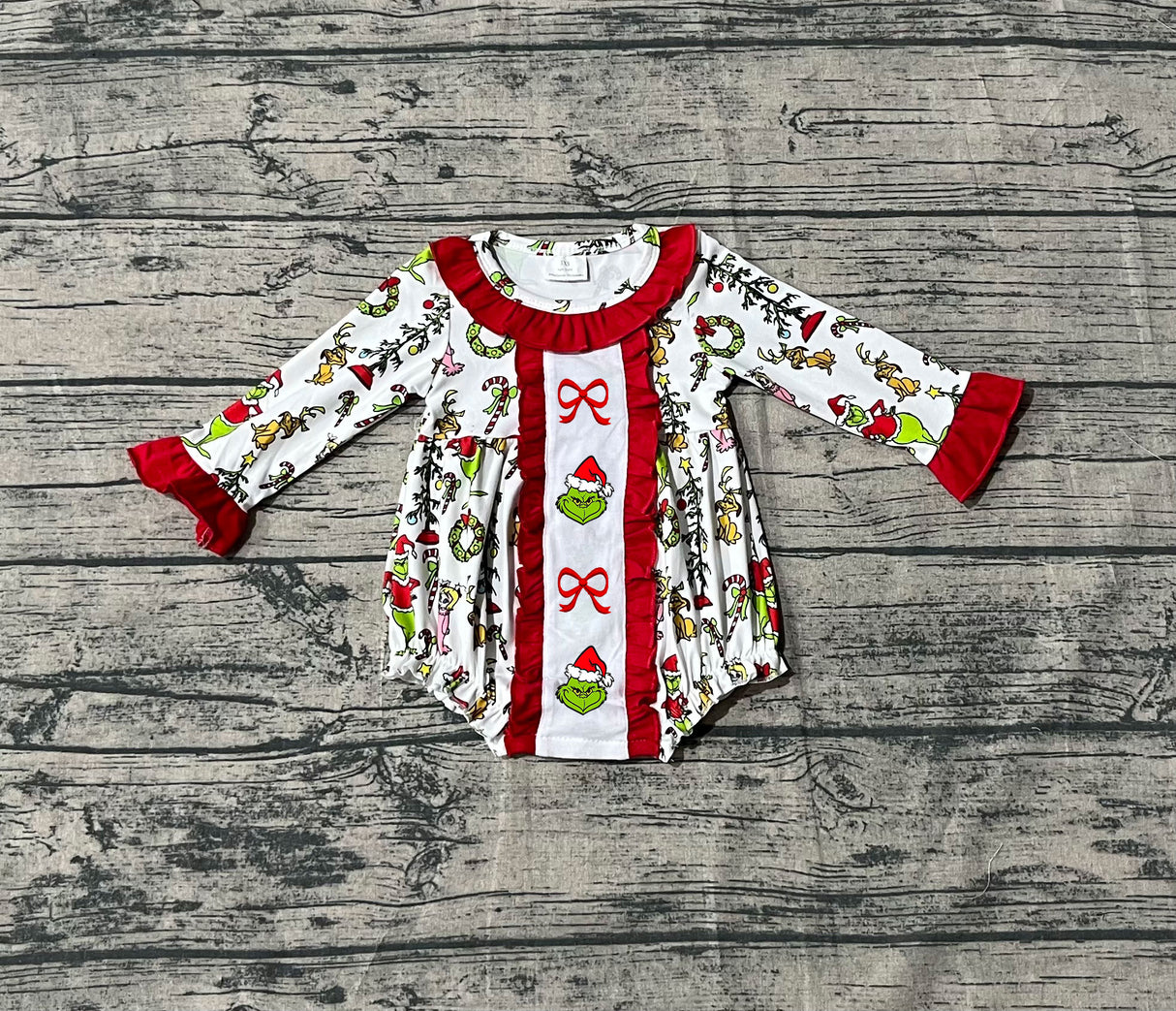 Long sleeves red bow green face baby Christmas romper