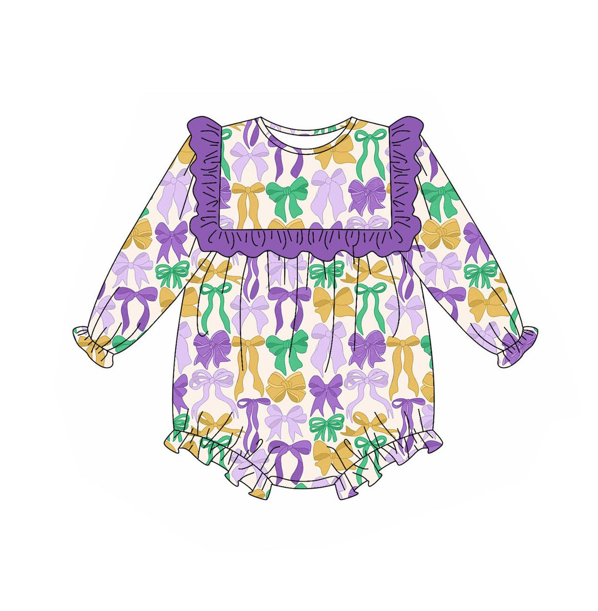 Purple yellow green bows baby girls Mardi Gras romper