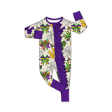 Purple green yellow bow baby girls Mardi Gras zip romper
