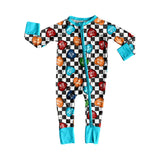 Light blue plaid heart baby boy Valentine's zipper romper
