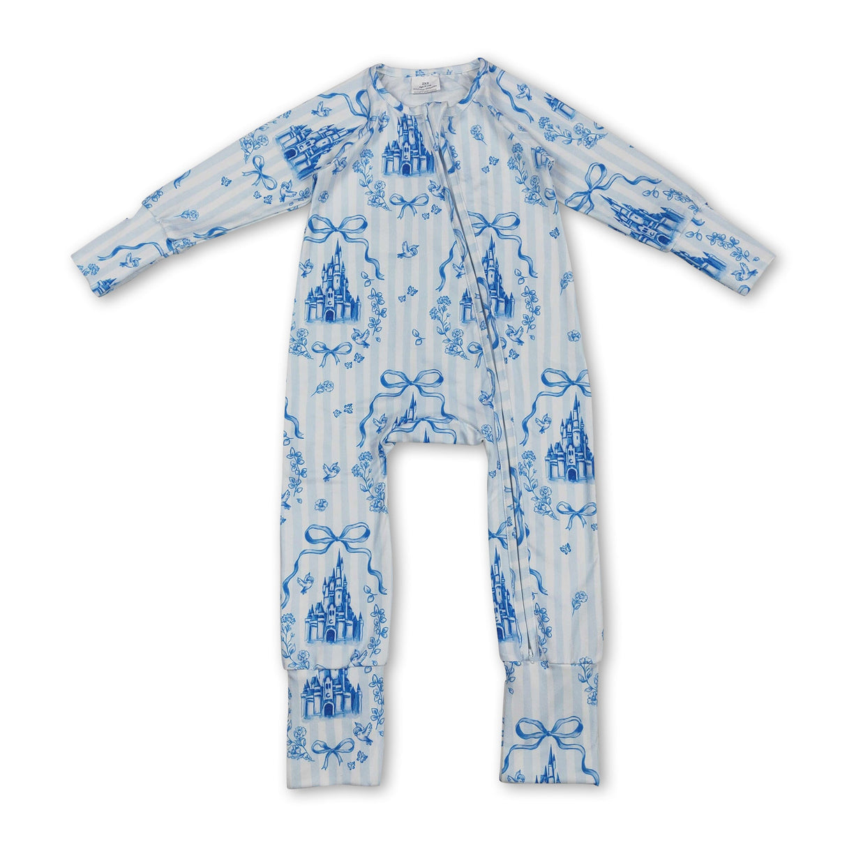 Long sleeves blue stripe bow castle girls zipper romper